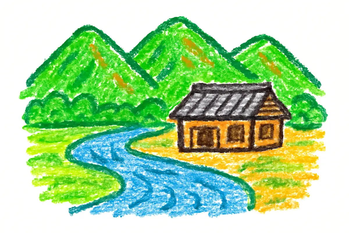 岐阜の山並みと伝統的な木造住宅の風景