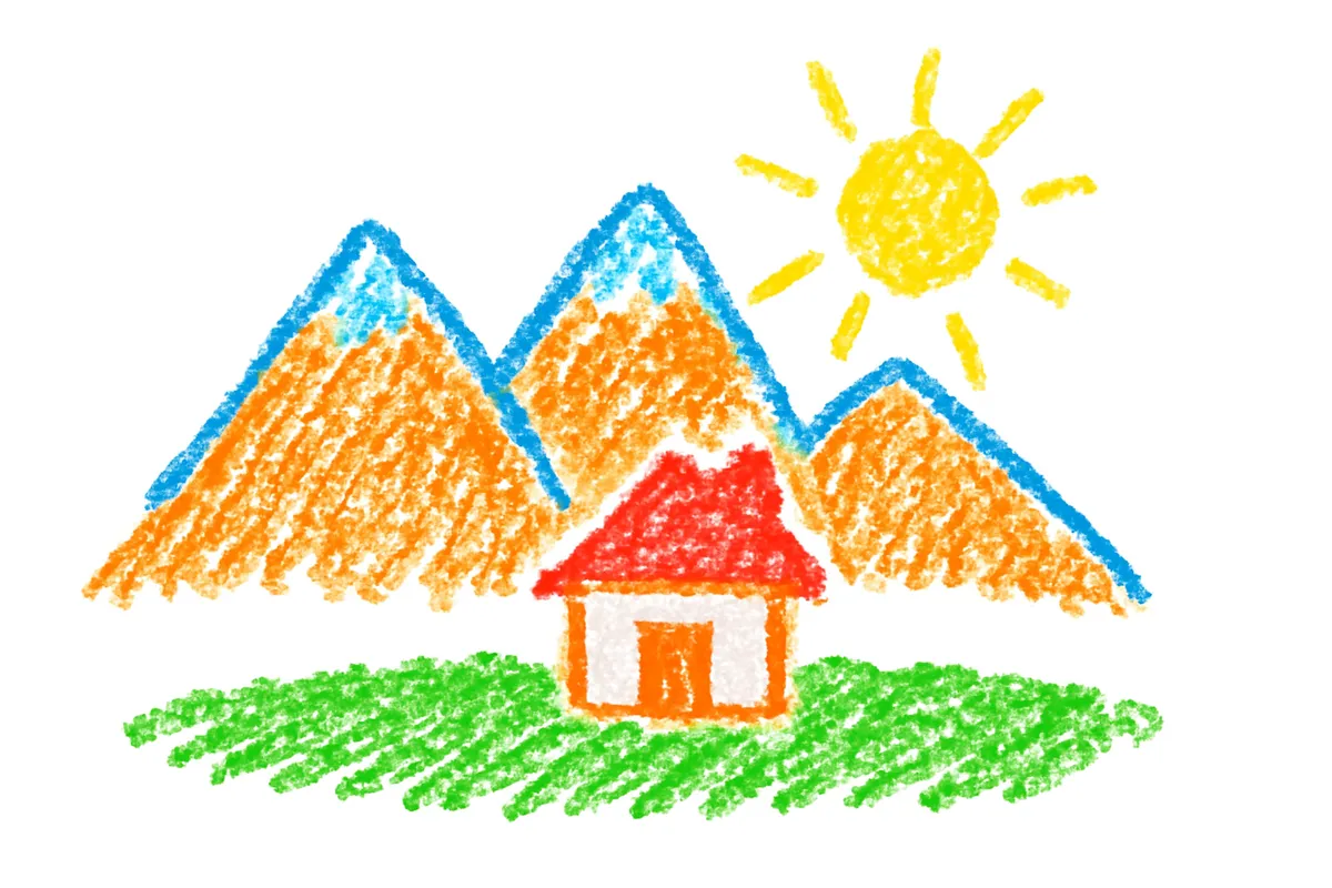 岐阜の山と太陽と家のある風景イラスト