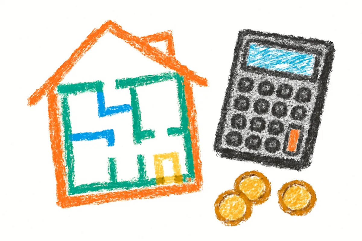 家づくりの予算計画をイメージした電卓と間取り図のイラスト