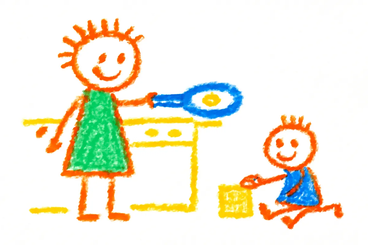 子育て世代の家事ラクイメージ：キッチンで料理しながら子どもを見守る親