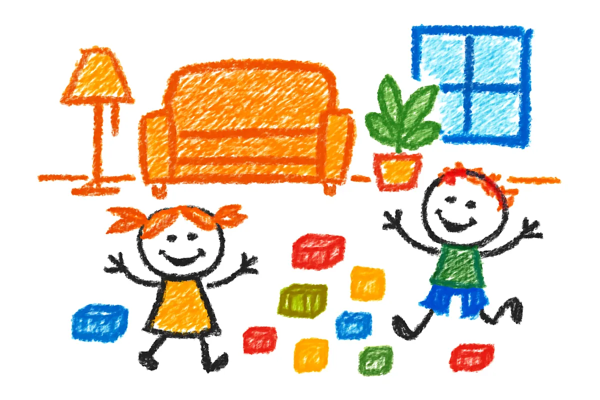 子どもが遊ぶリビングのイメージ:広いリビングでブロック遊びをする子どもたち