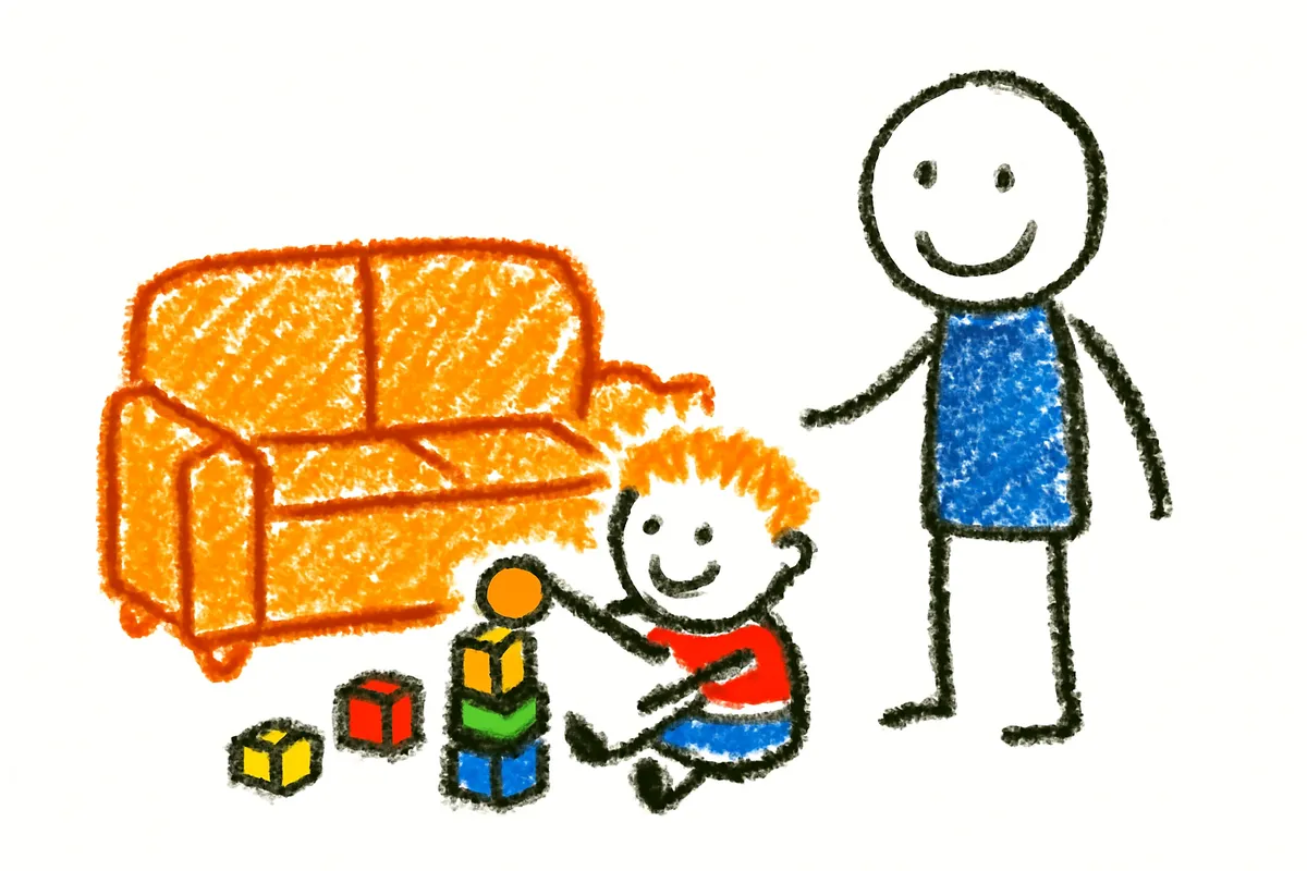 リビングで遊ぶ子どもと見守る親