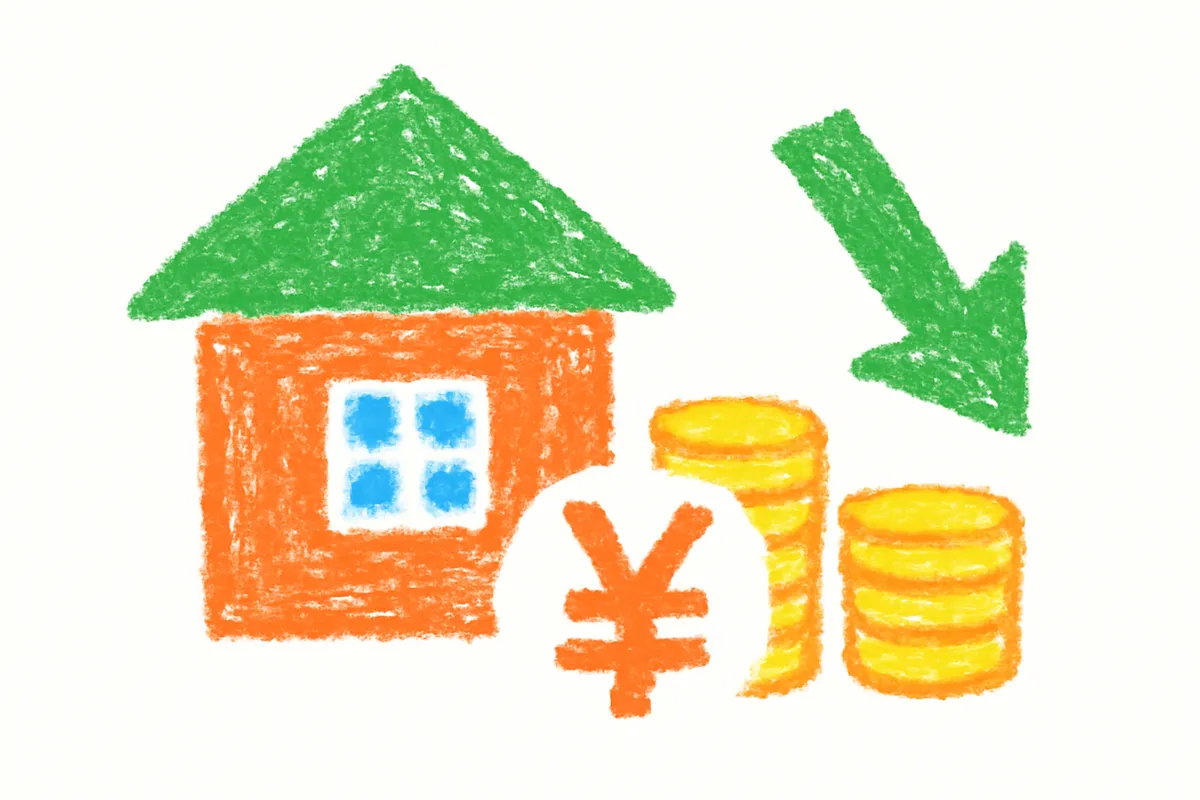 家とコイン・円マークと下向き矢印のイメージ